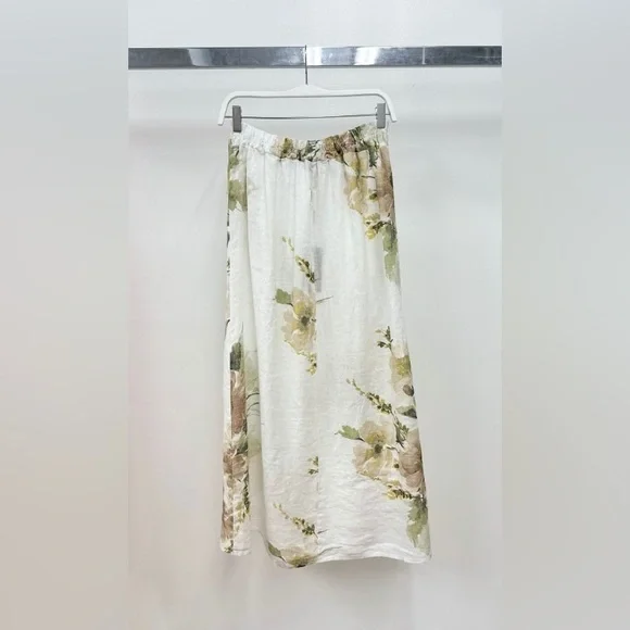 (16-04-MAGNOLIA-WHT) MAGNOLIA FLOWERS PRINT LINEN MAXI SKIRT - Picture 2 of 2